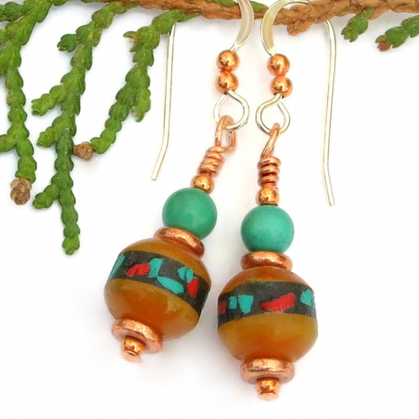 turquouse red coal amber tibetan bead earrings jewelry gift