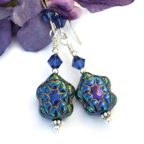 turtle lover beach earrings blue purple green