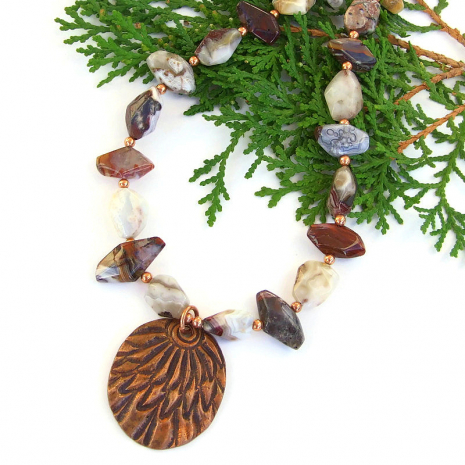 unique feather pendant and agate gemstone jewelry gift for women