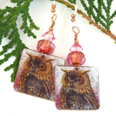 unique horned owl dangle earrings