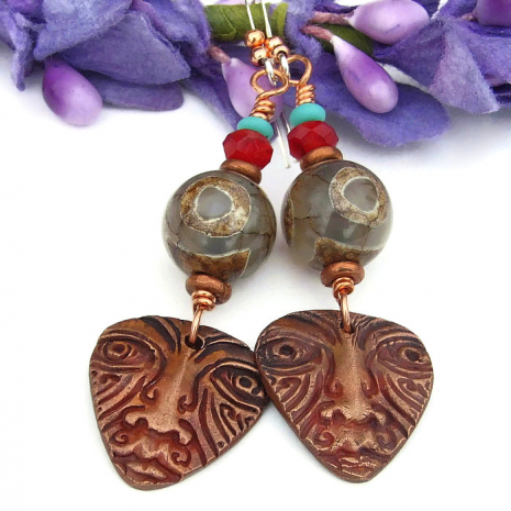 unique tribal face mask earrings with tibetan eye agate