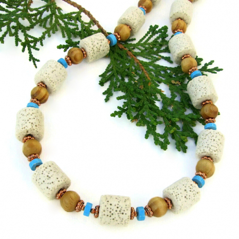 unique cream pumice lava rock wood bead turquoise magnesite handmade jewelry