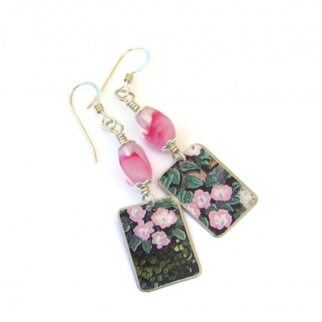 upcycled pink flower celestial seasonings tea tin earrings handmade jewelry