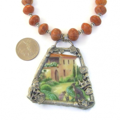 upcycled plate tuscan villa pendant jewelry handmade gift for her