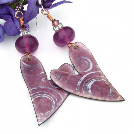 valentines day heart earrings enamel lampwork swarovski crystals