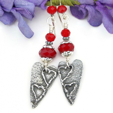 Valentines Day hearts earrings handmade pewter red