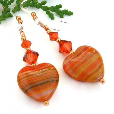 valentines heart earrings fiery orange Swarovski crystals
