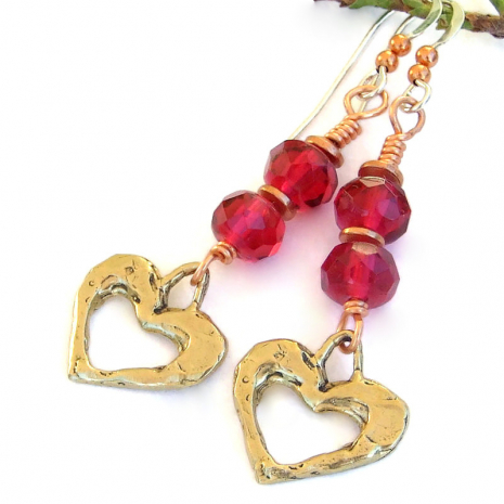 valentines hearts earrings handmade bronze raspberry red czech glass