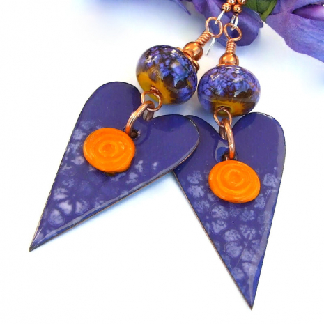 Purple Heart Earrings Orange Flower Enamel Handmade Valentines Jewelry ...