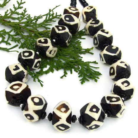 vintage african batik bone bead necklace with black onyx handmade gift for women