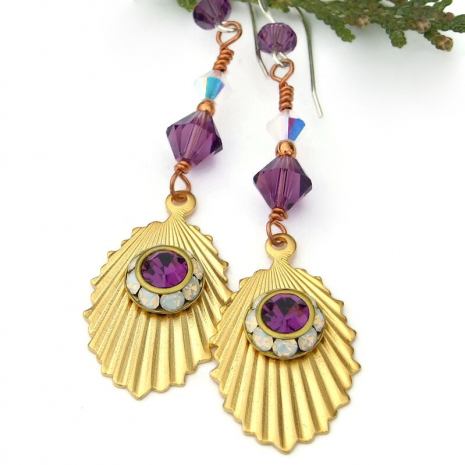 vintage amethyst purple white opal crystal handmade earrings Swarovski crystals