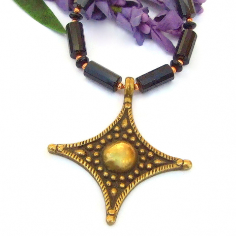 vintage brass cross jewelry faceted black onyx handmade