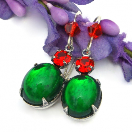 vintage christmas holiday handmade earrings green red crystals
