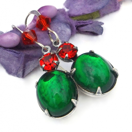 vintage christmas holiday handmade jewelry green red crystals