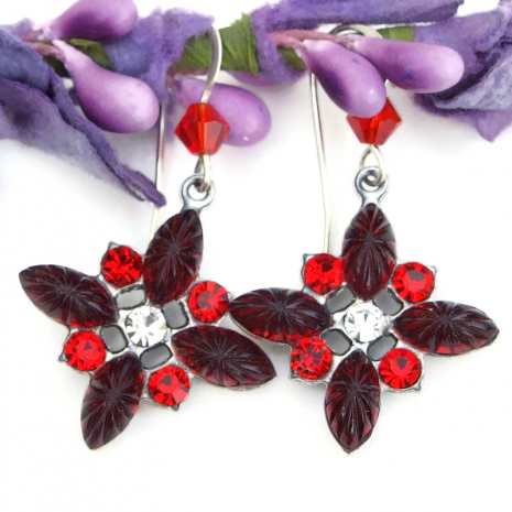 vintage crystal holiday red clear sunray earrings christmas jewelry