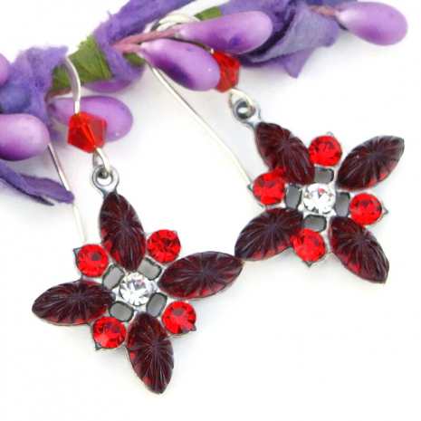 vintage crystal holiday red clear sunray jewelry christmas earrings