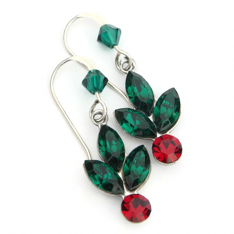 vintage crystal holly berry Christmas earrings handmade gift for her