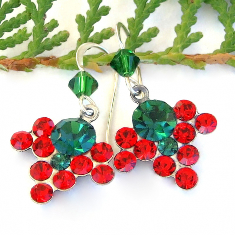 vintage crystal red green holiday earrings handmade christmas jewelry