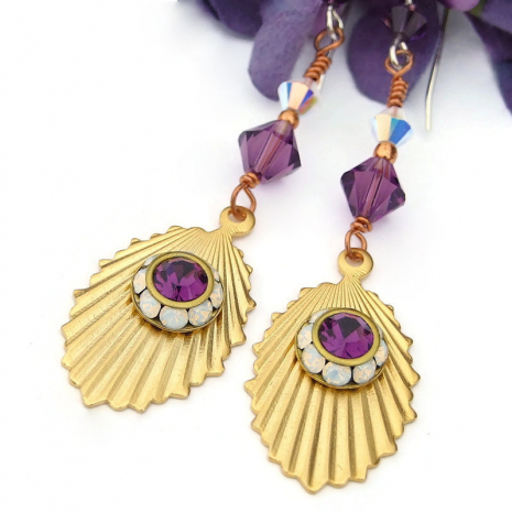 vintage fan earrings handmade purple white opal crystals
