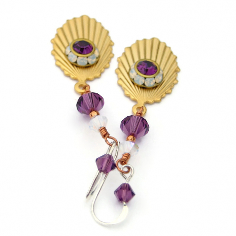 vintage fan jewelry handmade purple white opal crystals
