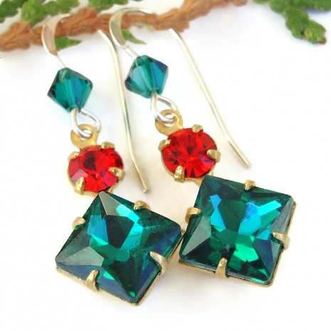 vintage green red crystals Christmas jewelry handmade holidays