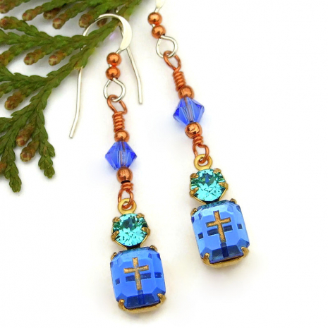 vintage intaglio cross jewelry sapphire blue light turquoise crystals