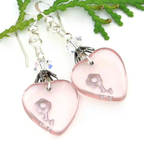 vintage intaglio glass pink hearts silver flowers handmade earrings valentines
