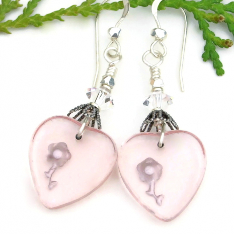 vintage intaglio glass pink hearts silver flowers handmade jewelry valentines