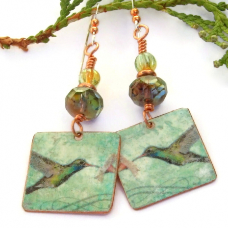 vintage look copper hummingbird dangle earrings czech glass