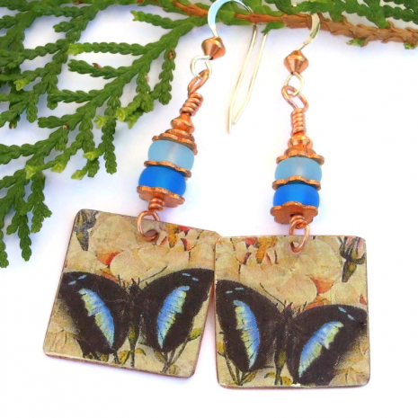 vintage look handmade black blue morpho butterfly earrings