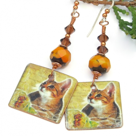 vintage look kitty cat lover earrings czech glass swarovski crystals