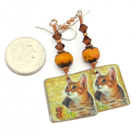 orange tabby cat kitty earrings czech glass swarovski crystals