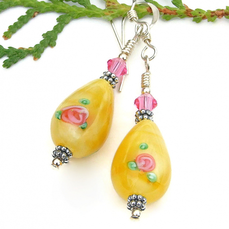 vintage pink roses flowers yellow teardrop jewelry handmade sterling swarovski