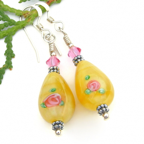 vintage pink yellow teardrop flower roses earrings handmade sterling swarovski
