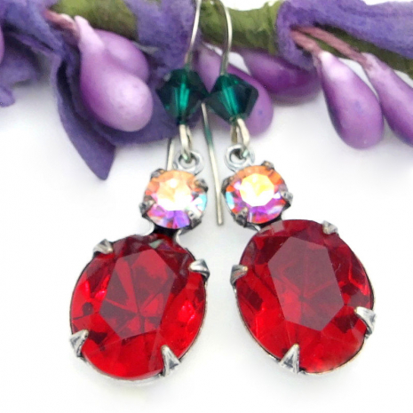 vintage Swarovski  crystal earrings Christmas holidays red clear green