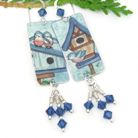 vintage tin bluebirds handmade earrings blue swarovski crystals bird lover
