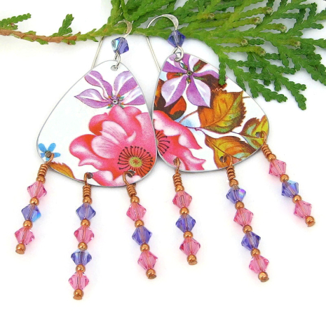 vintage tin flower boho earrings handmade purple pink crystals lightweight