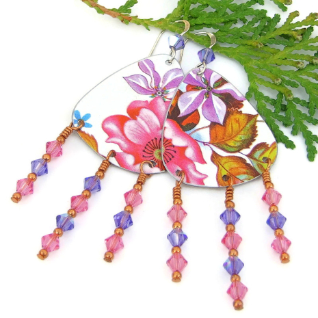 vintage tin flower boho jewelry handmade purple pink crystals lightweight
