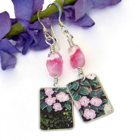 vintage tin pink flowers green dangle jewelry Czech glass