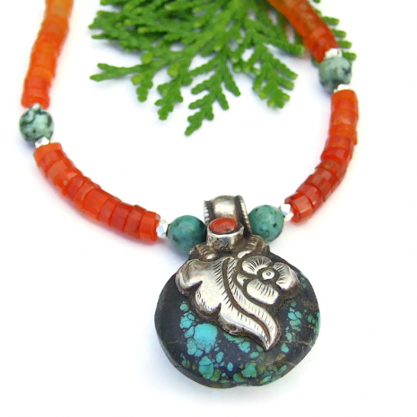 vintage turquoise coral Tibetan pendant jewelry handmade carnelian jasper