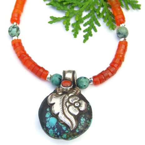 vintage turquoise coral Tibetan pendant necklace handmade carnelian jasper