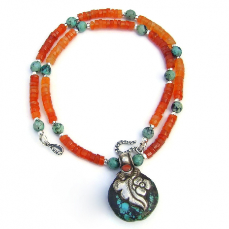 vintage turquoise tibetan pendant necklace handmade gift for her