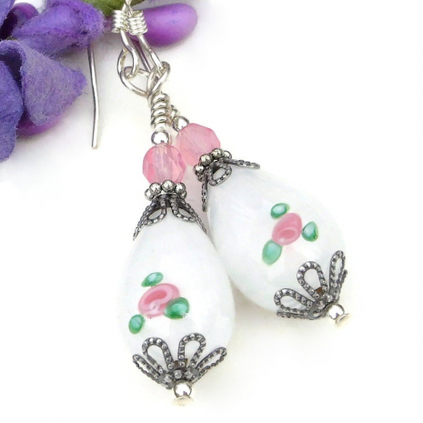 vintage white teardrop pink rose earrings handmade flower jewelry