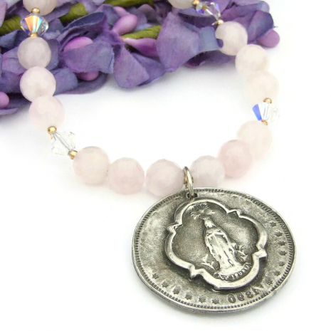 Virgin Mary Catholic jewelry faceted rose quartz