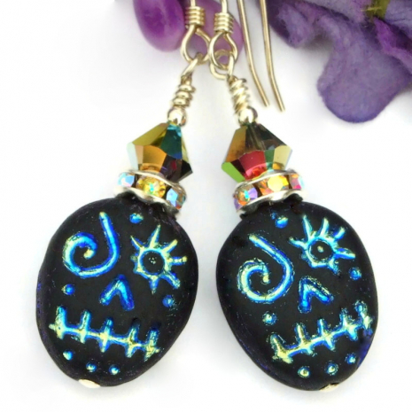 voodoo halloween earrings handmade black metallic blue swarovski crystals