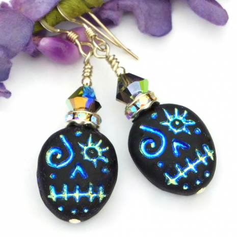 voodoo halloween jewelry handmade black metallic blue swarovski crystals