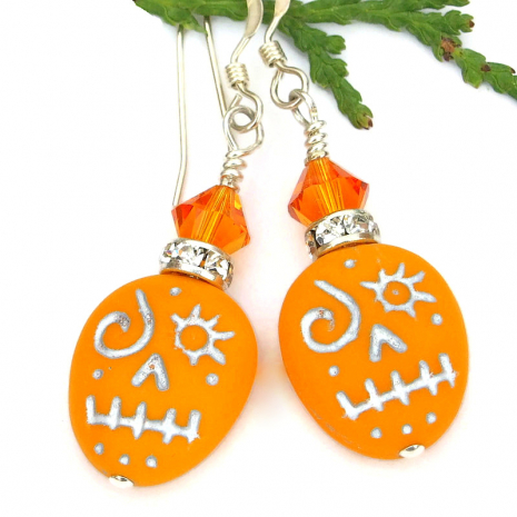 voodoo skull halloween earrings handmade orange silver