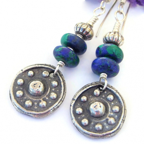 wheel eightfold path jewelry handmade rustic pewter blue green azurite malachite