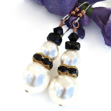 white and black swarovski pearl snowman earrings gift for her