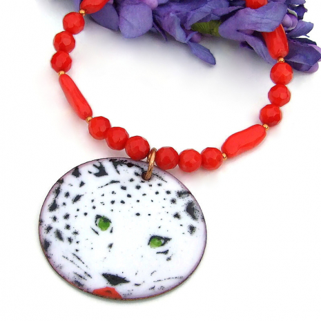 white black red snow leopard jewelry handmade necklace gift